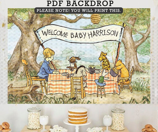 Classic Winnie The Pooh Baby Shower Backdrop/ Personalized/ PDF Format / Digital Printable Only / Background Decoration/ Tea Party