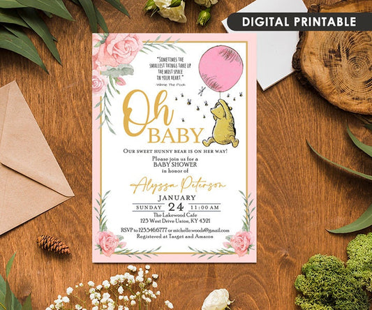 Classic Winnie The Pooh Baby Shower Invitation Card / Pink Gold Girl Floral / Personalized / Digital Only