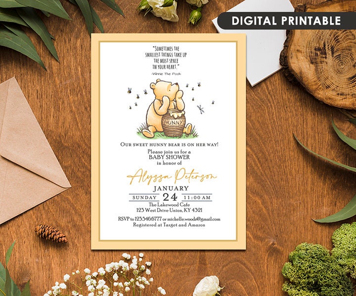 Classic Winnie The Pooh Baby Shower Invitation Card for Gender Neutral / Pooh and Hunny Jar / Personalized / Digital Only