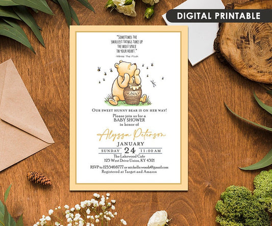 Classic Winnie The Pooh Baby Shower Invitation Card for Gender Neutral / Pooh and Hunny Jar / Personalized / Digital Only