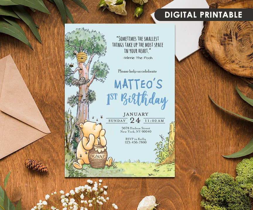 Classic Winnie The Pooh Birthday Invitation Card  for Boy / Pooh and Hunny Jar / Personalized / Digital Only