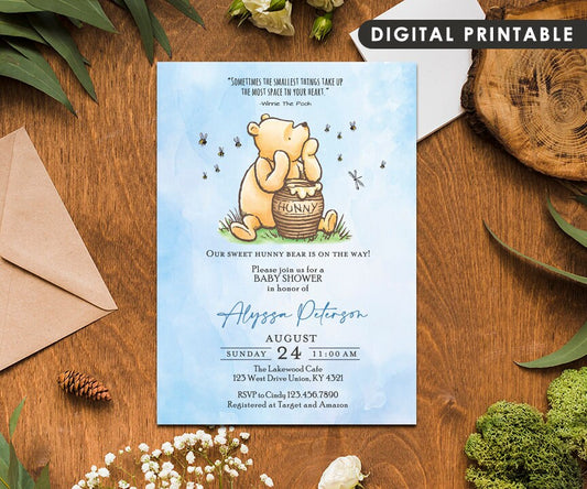 Classic Winnie The Pooh Baby Shower Invitation Card / Pooh and Hunny Jar / Personalized / Digital Only