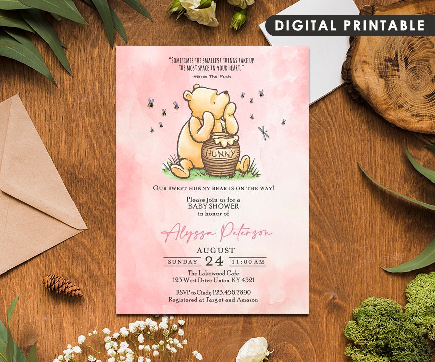 Classic Winnie The Pooh Baby Shower Invitation Card / Pooh and Hunny Jar / Personalized / Digital Only - spikes.digitalshop