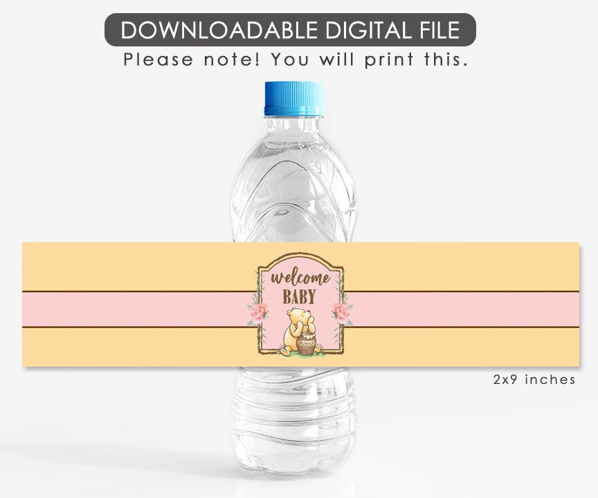 Printable Water Bottle Label Tag / Classic Winnie The Pooh Baby Shower Pink Floral Girl /Download in Seconds!/Instant Download