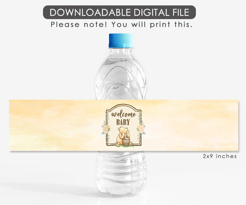 Printable Water Bottle Label Tag / Classic Winnie The Pooh Baby Shower Yellow Gender Neutral /Download in Seconds!/Instant Download - spikes.digitalshop