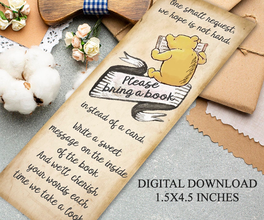 Classic Winnie The Pooh Book Request Bookmark / Baby Shower Bring A Book Card / Instant Download / No Waiting, Download in Seconds!