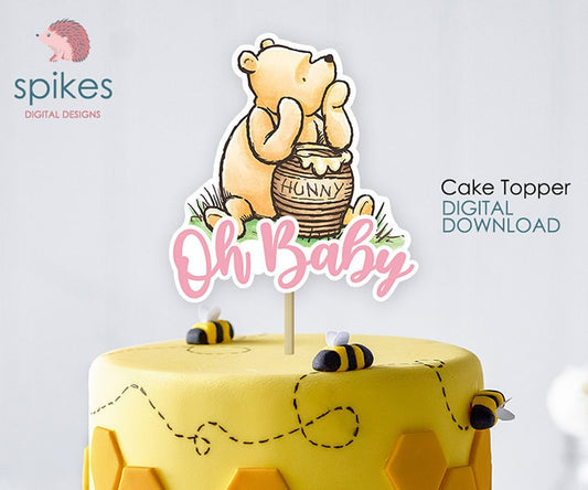 Classic Winnie The Pooh Cake Topper or Centerpiece Decoration / Pink for Girl Baby Shower / Instant Download / Oh Baby, Pooh Honey Hunny pot - spikes.digitalshop