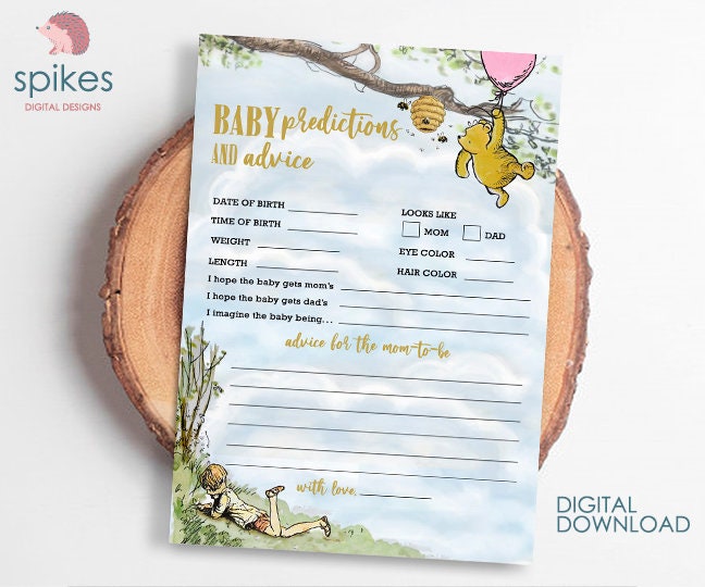 Classic Winnie The Pooh Pink Girl Baby Shower Games - Baby Predictions and Advice to Mom To Be - Instant Download