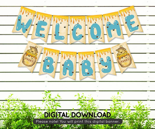 Classic Winnie The Pooh Welcome Baby Banner Garland / Blue Baby Shower for Boy/ Instant Download / Non-Editable PDF/