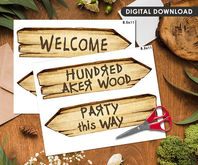 Four (4) Digital Direction Arrow Signs 10x3 inches - Classic Winnie The Pooh/ Welcome Hundred 100 Acre Wood - spikes.digitalshop