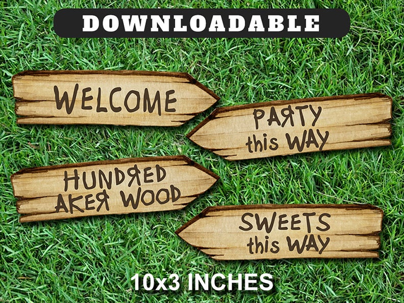 Four (4) Digital Direction Arrow Signs 10x3 inches - Classic Winnie The Pooh/ Welcome Hundred 100 Acre Wood - spikes.digitalshop