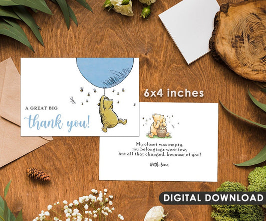 Downloadable 4"x6" Thank You Note Card / Classic Winnie The Pooh Party Baby Shower / Blue Boy Color / Instant Digital Download - spikes.digitalshop
