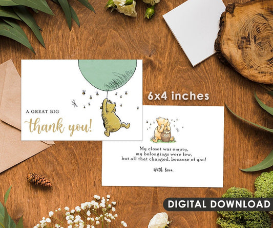 Downloadable 4"x6" Thank You Note Card / Classic Winnie The Pooh Party Baby Shower / Green Gender Neutral Color /Instant Digital Download