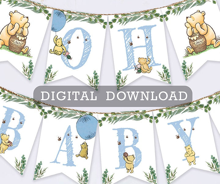 Downloadable Digital Banner Garland/ Classic Winnie The Pooh Baby Shower/Hanging Bunting Flags Decoration /Instant Download - spikes.digitalshop