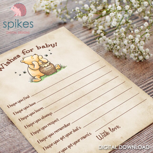Downloadable Classic Winnie The Pooh Baby Shower Activity - Well Wishes for Baby - Message for Baby - Instant Download - spikes.digitalshop