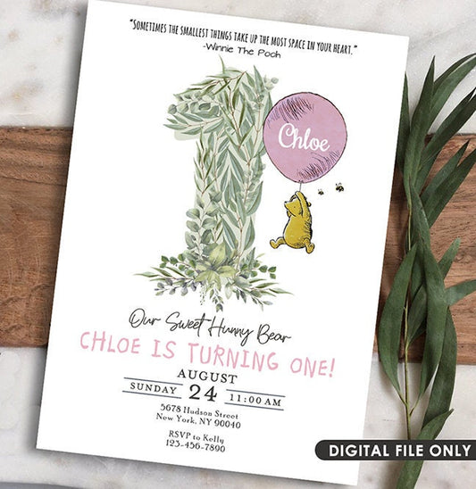 Classic Winnie The Pooh First Birthday Invitation Card  for Girl / Personalized for you / Digital Only