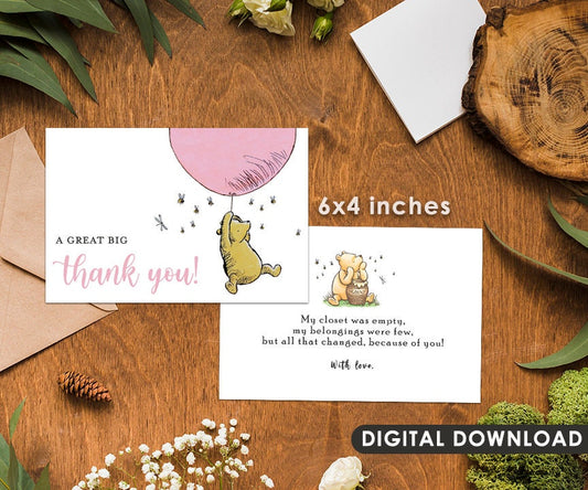 Downloadable 4"x6" Thank You Note Card / Classic Winnie The Pooh Party Baby Shower / Pink Girl Color /Instant Digital Download - spikes.digitalshop