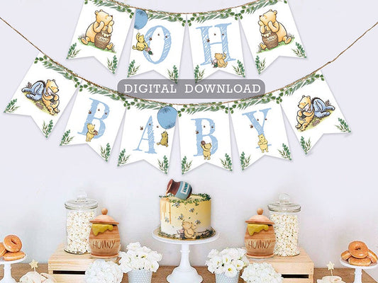 Downloadable Digital Banner Garland/ Classic Winnie The Pooh Baby Shower/Hanging Bunting Flags Decoration /Instant Download