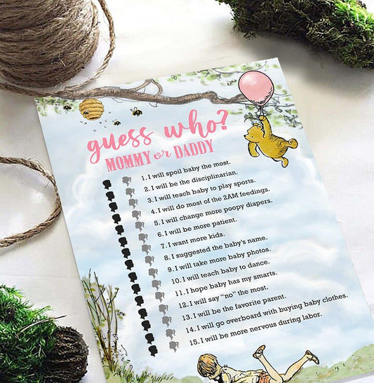 Classic Winnie The Pooh Baby Shower Games - Guess Who Mommy Or Daddy - Pink For Girls - spikes.digitalshop