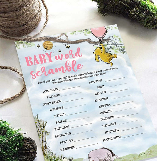 Classic Winnie The Pooh Baby Shower Games - Baby Word Scramble Alphabet - Pink For Girls