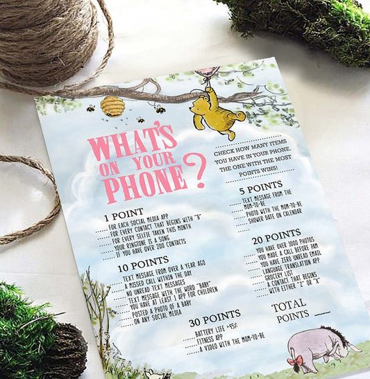Classic Winnie The Pooh Baby Shower Games - What's On Your Phone - Pink For Girls