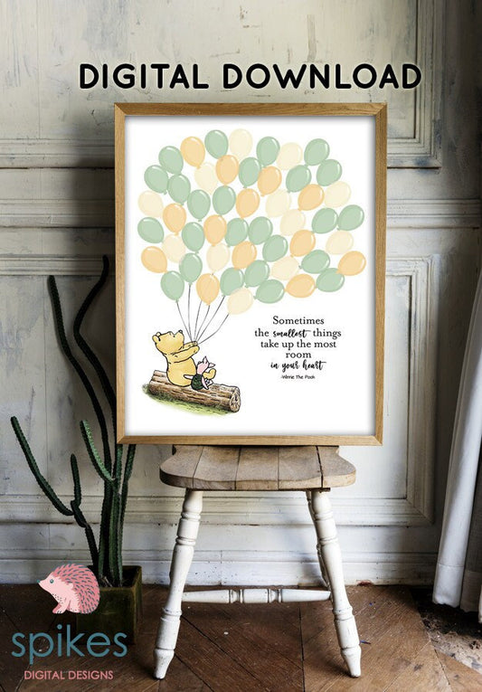 Classic Winnie The Pooh Guestbook with 50 Balloons/ Green, Cream, Yellow /Digital Instant Download/Two Sizes 16x20 and 11x14/Sign Poster - spikes.digitalshop