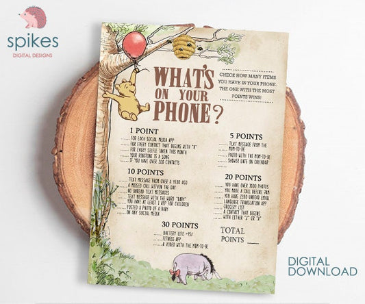 Classic Winnie The Pooh Baby Shower Games - What's On Your Phone - Instant Download
