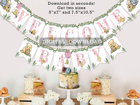 Downloadable Digital Banner Garland/ Classic Winnie The Pooh Baby Shower/Hanging Bunting Flags Decoration /Instant Download - spikes.digitalshop