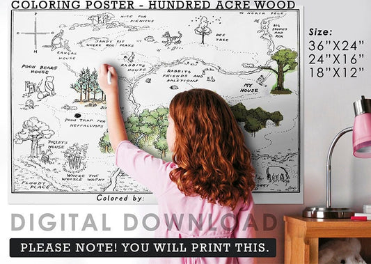 100 Hundred Acre Wood Map Coloring Poster / Digital File/ PDF Format / Classic Winnie The Pooh / Download Now! - spikes.digitalshop