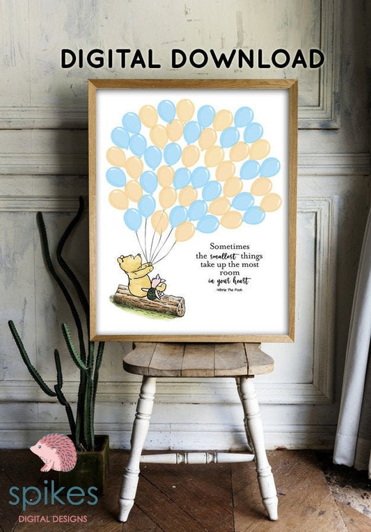 Classic Winnie The Pooh Guestbook with 50 Balloons/ Blue and Yellow/Printable Digital Instant Download/Two Sizes 16x20 and 11x14/Sign Poster - spikes.digitalshop