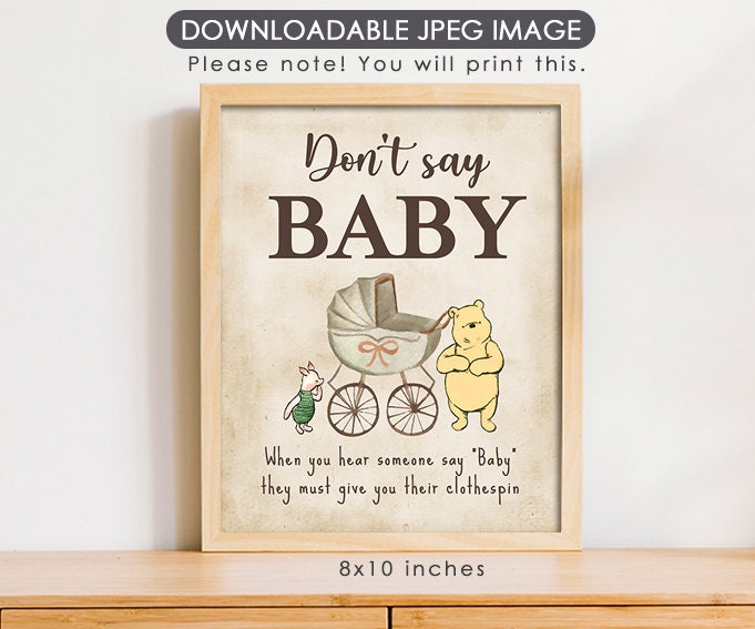 Don't Say Baby Clothespin Game Sign - Downloadable Classic Winnie the Pooh Baby Shower Sign