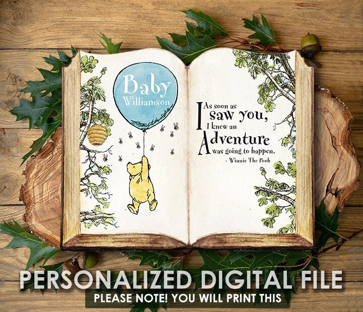 NEW! Size 8.5x11 / 16x20/ 11x14 / Digital File Personalized for you!  Classic Winnie The Pooh Book Baby Shower Birthday