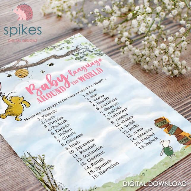 Classic Winnie The Pooh Baby Shower Games - Baby Language Around The World - Pink for Girls