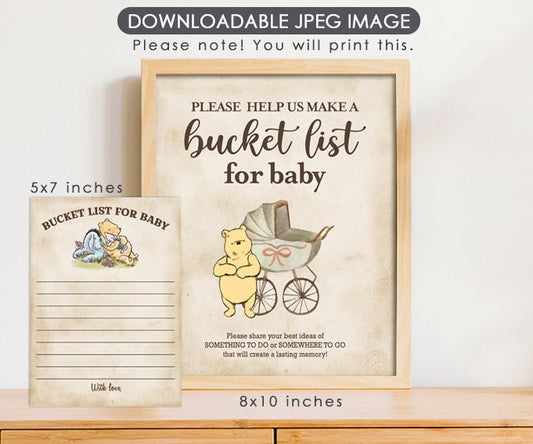 Bucket List for Baby - Downloadable Winnie the Pooh Party Sign & Note Card