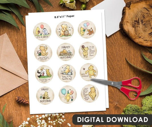 2" BIRTHDAY Toppers! Download in Seconds! Total 12 Designs! / Circle Tag Sticker / Cookie Food Favor Label / Classic Winnie The Pooh