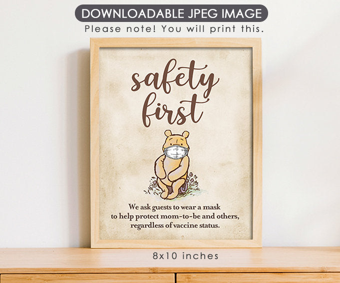 Safety First Wear Mask - Downloadable Winnie the Pooh Party Sign