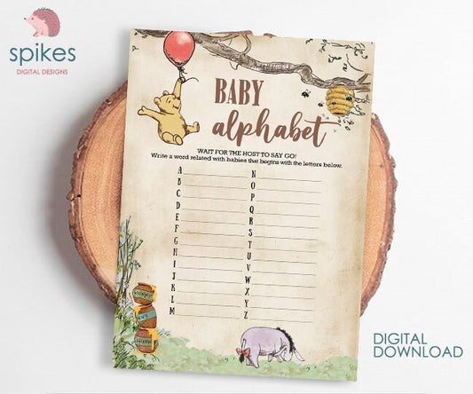 Classic Winnie The Pooh Baby Shower Games - Baby Alphabet - Instant Download