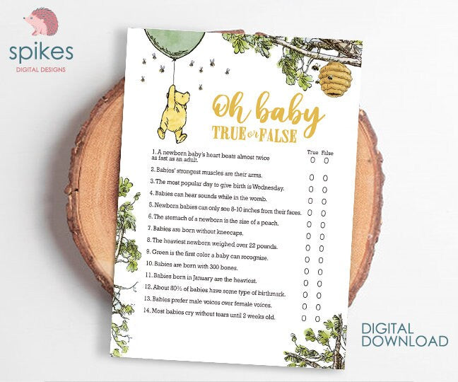 Gender Neutral - Classic Winnie The Pooh Baby Shower Games - Oh Baby True or False - Green Balloon