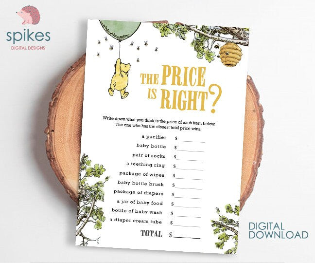 Gender Neutral - Classic Winnie The Pooh Baby Shower Games - The Price Is Right - Green Balloon