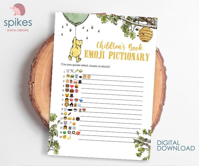 Gender Neutral - Classic Winnie The Pooh Baby Shower Games - Emoji Emojis Pictionary Card - Green Balloon