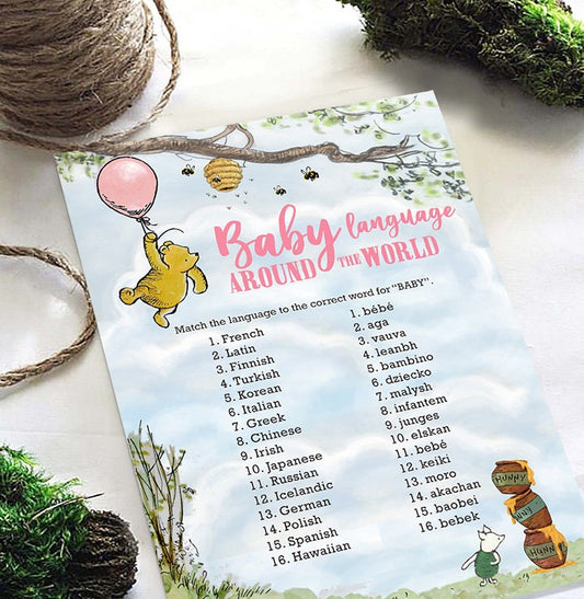 Classic Winnie The Pooh Baby Shower Games - Baby Language Around The World - Pink for Girls