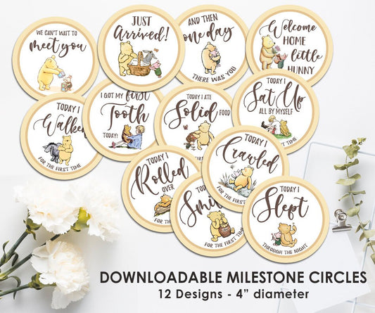 DOWNLOAD in Seconds! Twelve (12) Milestone Circles / Classic Winnie The Pooh / Digital Item / Baby Shower Birthday - spikes.digitalshop