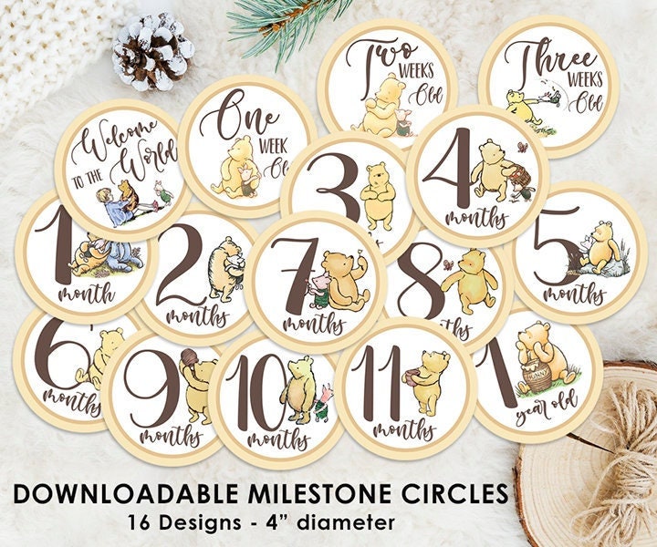 DOWNLOAD in Seconds! Sixteen (16) Milestone Circles / Classic Winnie The Pooh / Digital Instant Dowload / Birthday Baby Shower - spikes.digitalshop