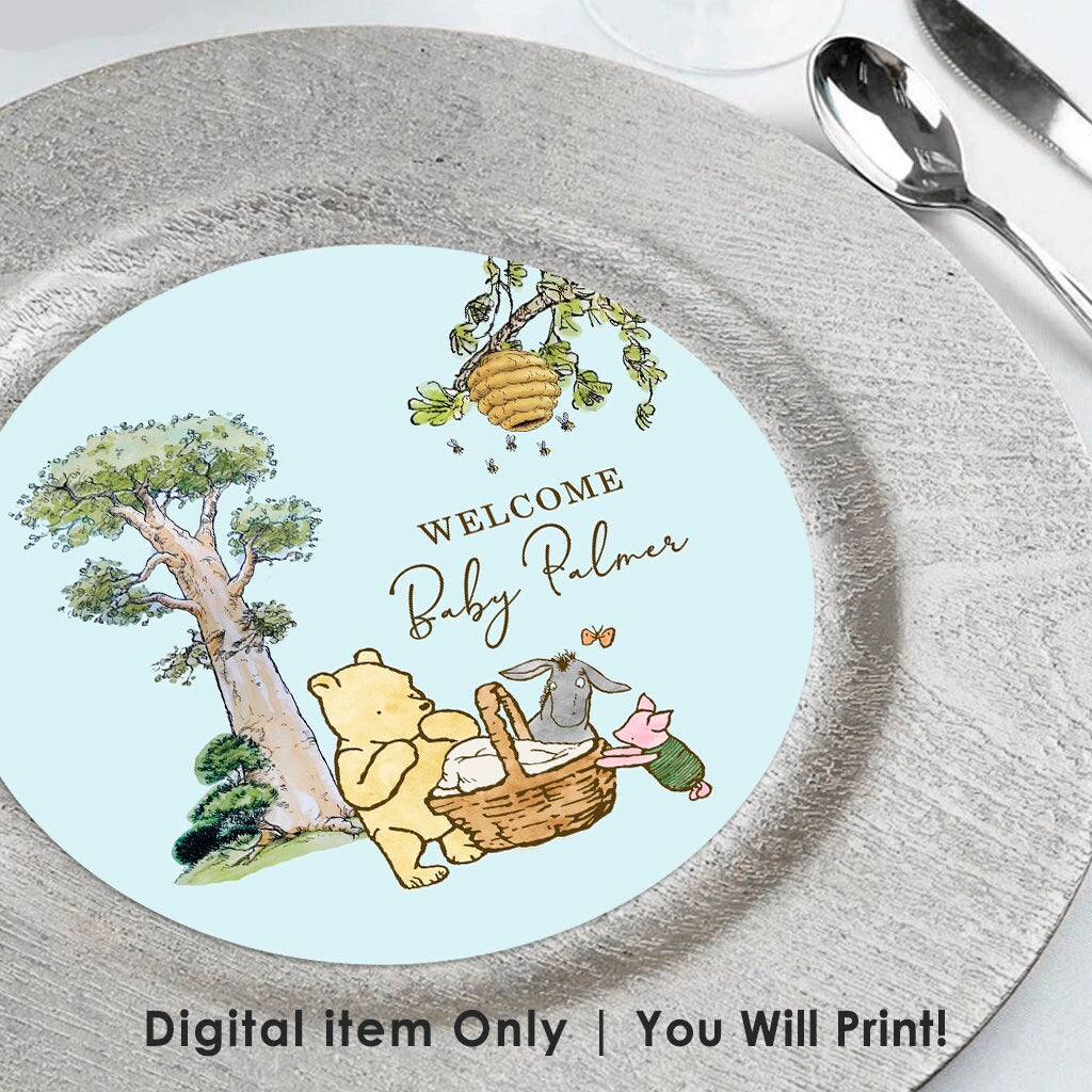 Personalized Charger Plate Label Insert! Digital item Only /Text Customized for you / Choose Size 8", 7", 6" / Classic Winnie The Pooh Baby Shower