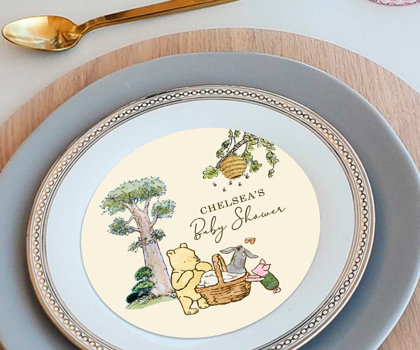 Personalized Charger Plate Label Insert! Digital item Only /Text Customized for you / Choose Size 8", 7", 6" / Classic Winnie The Pooh Baby Shower