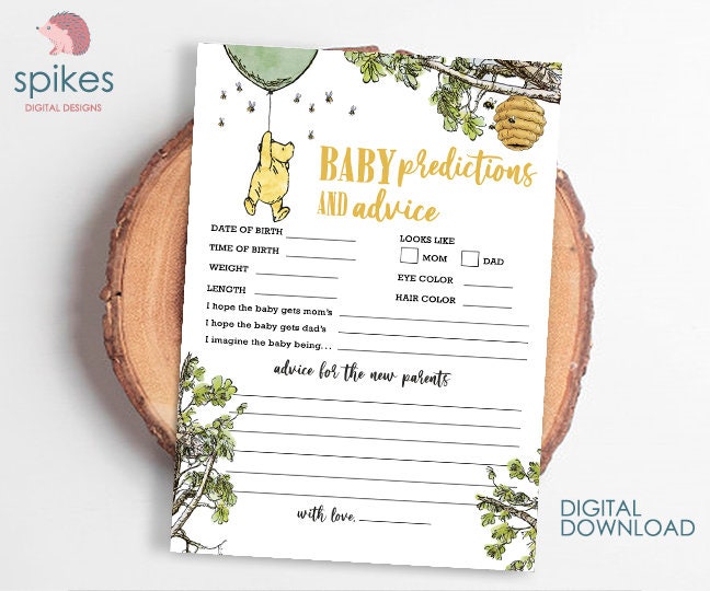 Gender Neutral - Classic Winnie The Pooh Baby Shower Games - Baby Predictions and Advice to Mom To Be - Green Balloon