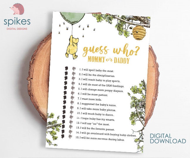 Gender Neutral - Classic Winnie The Pooh Baby Shower Games - Guess Who Mommy Or Daddy - Green Balloon - spikes.digitalshop
