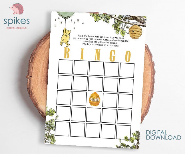 Gender Neutral - Classic Winnie The Pooh Baby Shower Games - BINGO Card -Green Balloon - spikes.digitalshop