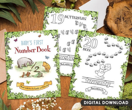 Download in seconds! Keepsake for Baby! Classic Winnie the Pooh themed Number Book / Baby Shower, Birthday Gift