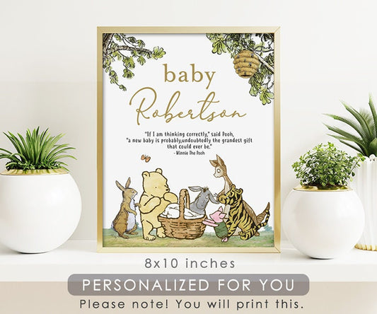 PERSONALIZED Baby Sign/ Digital File Only / Classic Winnie The Pooh Baby Shower / Nursery Room Wallart